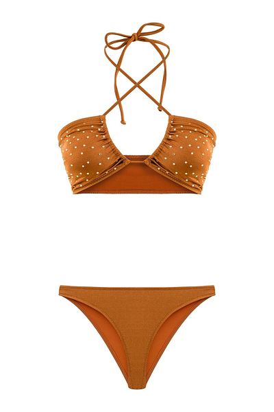 AQUELLA Orange Shiny Rhinestone Halter Bikini Set - Gippeli