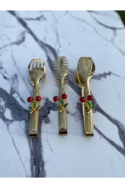 Aslı Hediyelik Gold Cherry Stylish Presentation Set - Titanium Plated, 3-Piece Tongs Set, Stainless Steel