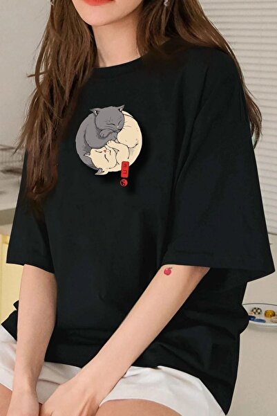 oneagılyazı Iing Iang Kedi Baskılı Unisek Oversize majica