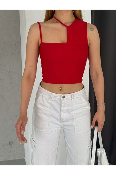 QUTTA Red Asymmetrical Women's Crop Blouse - Ottoman Fabric