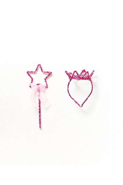 Pop Fuşya Payetli Kız Çocuk Kraliçe Taç ve Yıldız Asa Seti