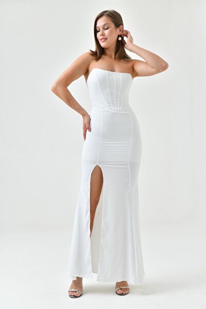 WOMAN VISION Rochie maxi albă cu decolteu și corset fără bretele - Design cu ...