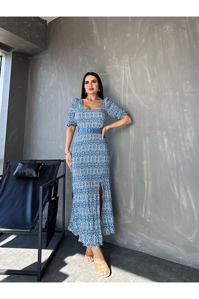 kamacibutik Rochie de vară cu modele etnice, cu guler pătrat, cu fante