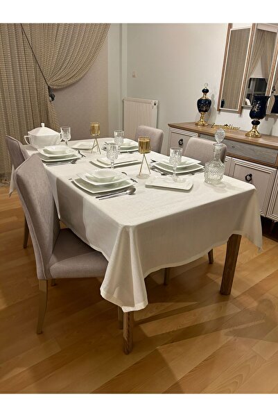 Zeren Home Polyester Keten Simli Masa Örtüsü Krem