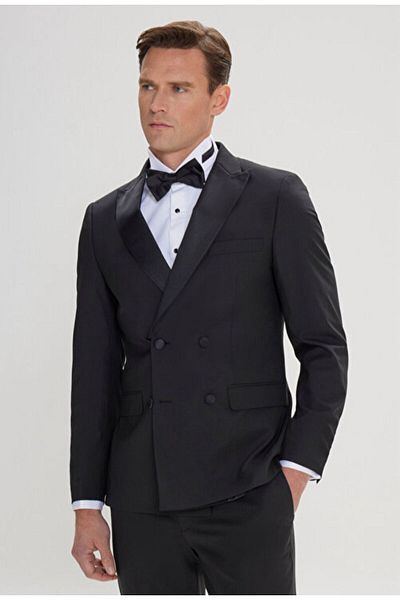 ALTINYILDIZ CLASSICS Black Tuxedo - Slim Fit, Turndown Collar, Double Breasted Wool Suit