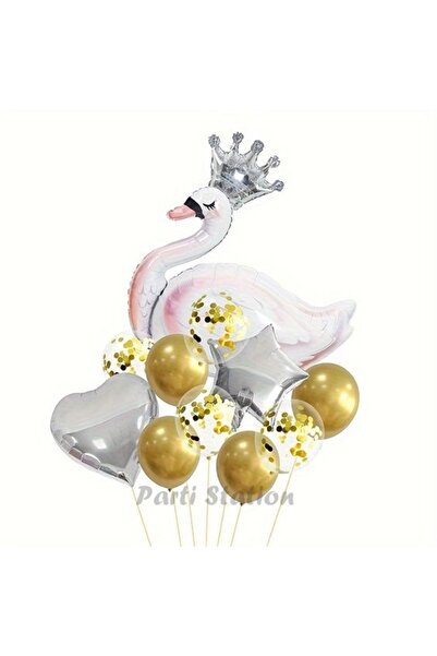 Parti Station Beyaz Kuğu Konsept Sevimli Kuğu Balon Set Silver Swan Balloon B...