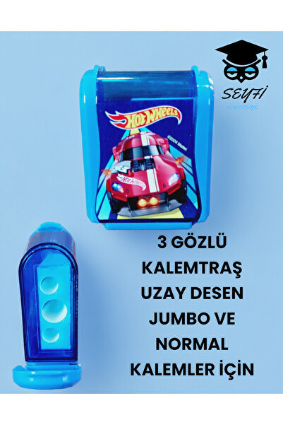 HOT WHEELS 3 GÖZLÜ KALEMTRAŞ JUMBO VE NORMAL KALEMLER İÇİN PLASTİK GÖVDE