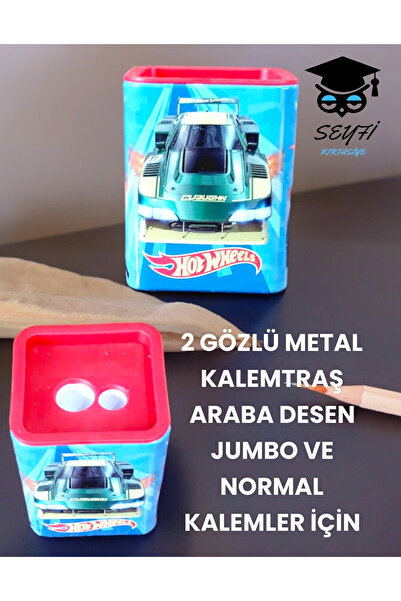 HOT WHEELS 2 GÖZLÜ METAL KALEMTRAŞ ARABA DESEN JUMBO VE NORMAL KALEMLER İÇİN