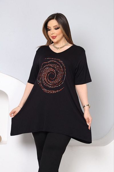 vividbutik Asymmetrical V-Neck Colorful Tunic Blouse with Stone Detail