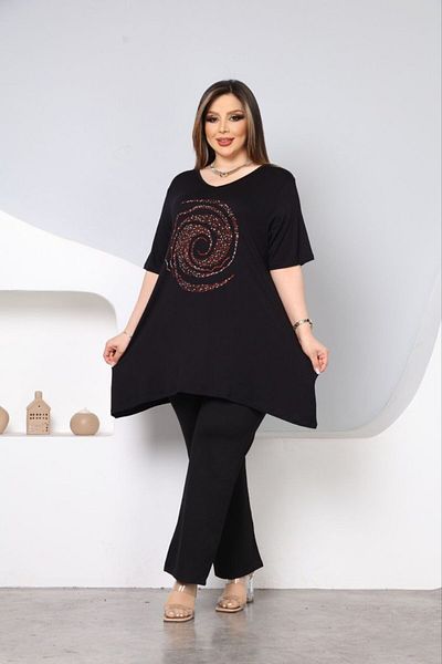 vividbutik Asymmetrical V-Neck Colorful Tunic Blouse with Stone Detail
