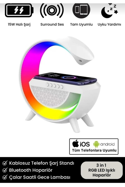 Teknolojimburada Akıllı Gece Masa Lambası G Wireless Şarjlı Bluetooth Hoparlör Speaker-magsafe Şarj-ses Bombası Dekor
