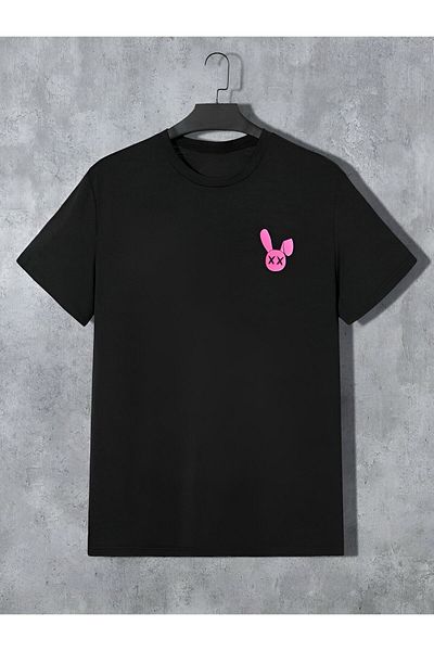 trendgar Set cu imprimeu iepure cu tricou negru și pantaloni scurți roz