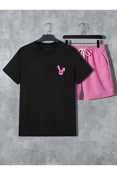 trendgar Set cu imprimeu iepure cu tricou negru și pantaloni scurți roz