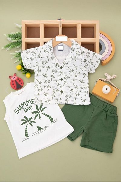 KZY STORE 3-6 Years Old Boy Muslin Top and Bottom Set - Palm Pattern