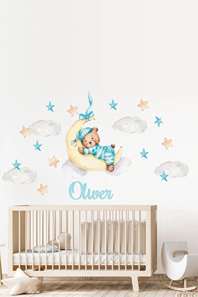 Kt Grup Uyuyan Pijamalı Ayıcık Bulutlar Ve Yıldızlar Isme Özel Çocuk Odası Du...