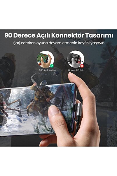 Ugreen Usb-a To Type-c 90 Derece 3a Hızlı Şarj Ve Data Kablosu 1 Metre