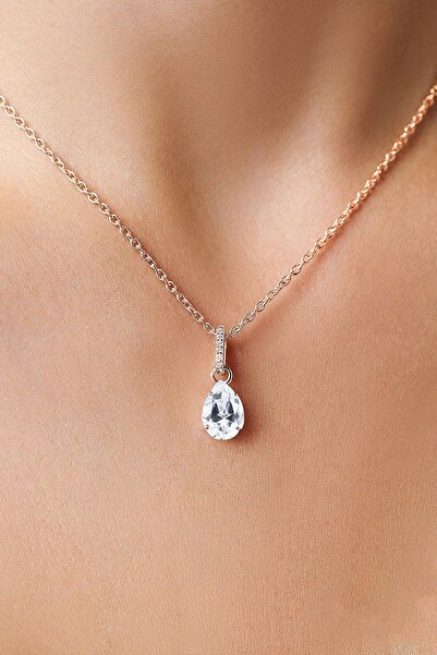 Sahira Jewelry Beyaz Mistik Topaz Taşlı 14 K Rose Altın Kaplama Kadın Kolye