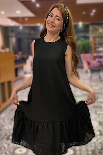 MODA DERİN Siyah Renk Keten Elbise
