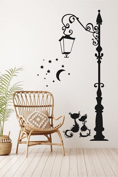 Kt Grup Street Lamp Two Cats Stars Moonlight Decorative Wall Sticker