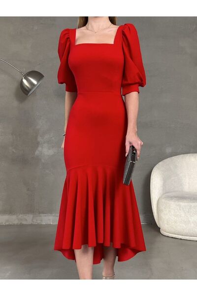 Varyete Prenses Kol Eteği Volanlı Kare Yaka Midi Boy Krep Kumaş Abiye Elbise Düğün Nişan Söz Davet