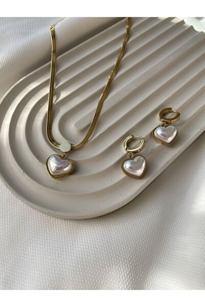 saren aksesuar Kadın çelik kolye küpe set yassı italyan zinciri kalp uçlu ve sallantılı kalp küpe gold