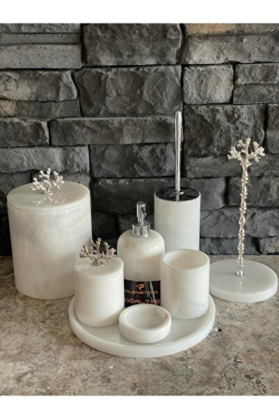 Polen Stone Beyaz Mermer 8 Parça Gümüş Rengi Mercan Aksesuarlı Banyo Seti