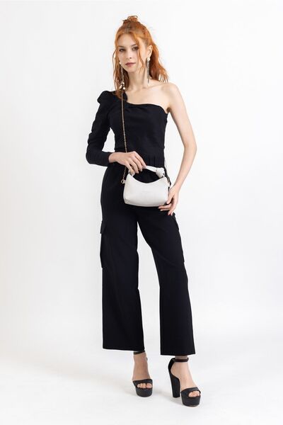 NOTHING Women's Light Gray Soft Leather Knot Detailed Handled Chain Strap Mini Hand Shoulder Baguette Bag