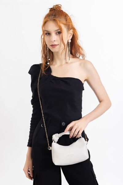 NOTHING Women's Light Gray Soft Leather Knot Detailed Handled Chain Strap Mini Hand Shoulder Baguette Bag