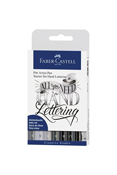 Faber Castell Artist Pen Calligraphy Set of 8, Black Gray Tones, 4 Nibs (B,S,1.5), Pencil Sharpener, B Degree Pencil
