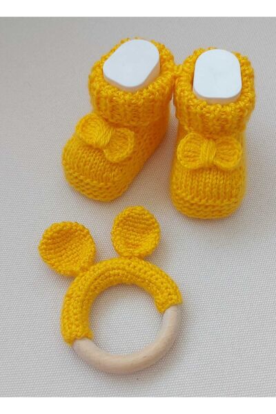 BEGİN Yellow Double Set - Baby Booties, Teether, Organic Cotton Hand Knitted