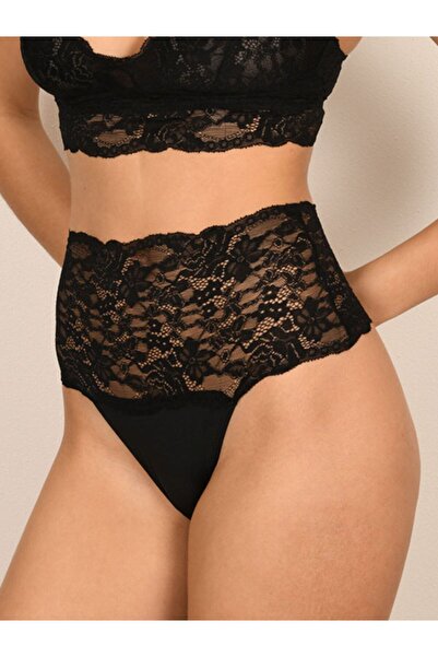 BICCA Seraphine Serisi Yüksek Bel Dantelli Tanga Transparan Dantel Detaylı String Külot Siyah
