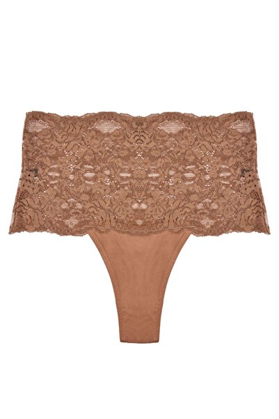 BICCA Seraphine Serisi Yüksek Bel Dantelli Tanga Transparan Dantel Detaylı String Külot Kahve