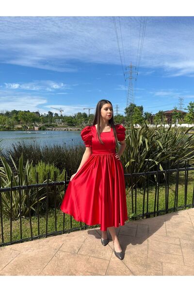 sağlam tasarım Kırmızı Asetat Saten Şık Abiye Elbise