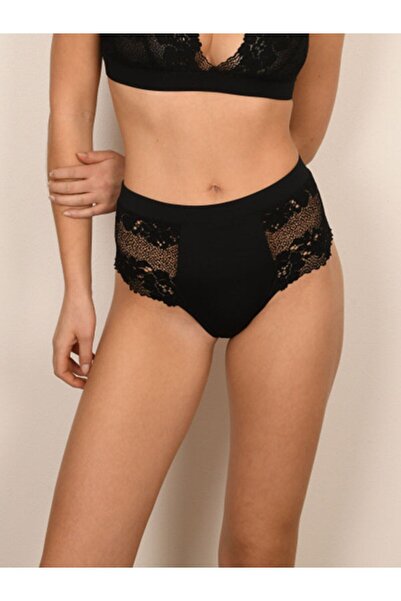 BICCA Elysia Serisi Yüksek Bel Dantelli Transparan Tanga Dantel Detaylı String Kesim Külot Siyah