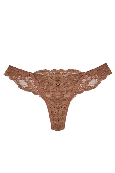 BICCA Seraphine Serisi Düşük Bel Dantelli Tanga Transparan Dantel Detaylı String Külot Kahverengi