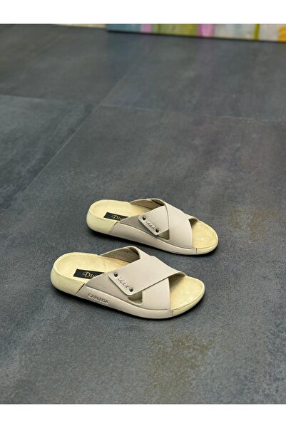 DİVA Γυναικείες παντόφλες Diva Beige Δερμάτινο Cross Daily