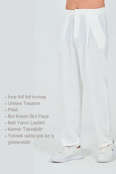 RELAXL Ελαστικό λευκό φαρδύ παντελόνι Unisex - 100% βαμβάκι, λαστιχένια μέση, πλισέ φαρδύ πόδι