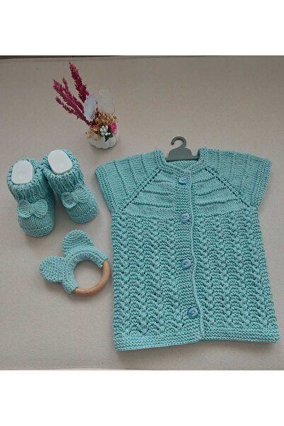 BEGİN طقم سترة للأطفال مع عضاضة من القطن العضوي محبوك يدويًا باللون الأخضر ال...