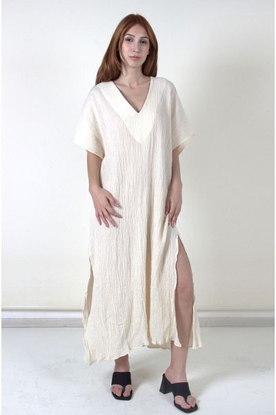 ARİNNASİDE Muslin Women's Summer and Beach Wear V-Neck Mousa Natural Dress
