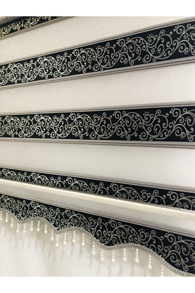 yağmur zebra Gümüş Sim Detaylı Sarmaşık Desenli Boncuklu Zebra Stor Perde