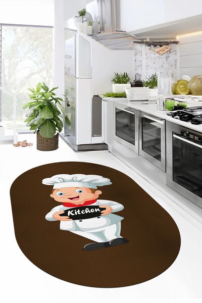 EY HOME Kitchen Yazılı Aşçı Motifli Kaymaz Taban Yıkanabilir Oval Yolluk Mutf...