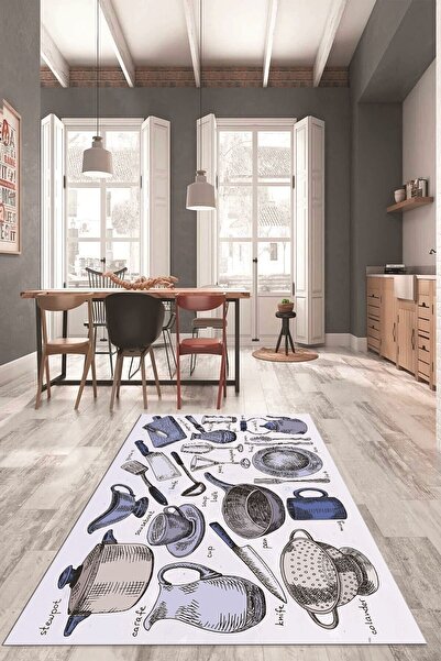 EY HOME Tencere Fincan Bıçak Tabak Bardak Desenli Yıkanabilir Yolluk Mutfak H...