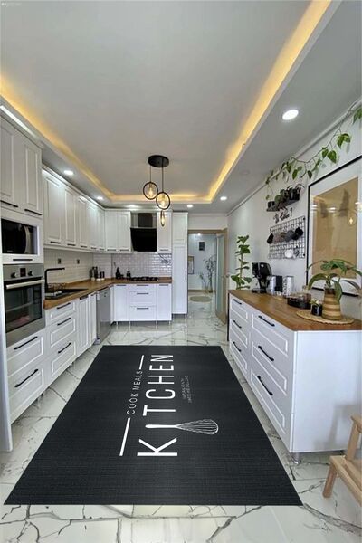EY HOME Dijital Baskılı Yıkanabilir Kaymaz Taban Kitchen Yazılı Modern Yolluk...