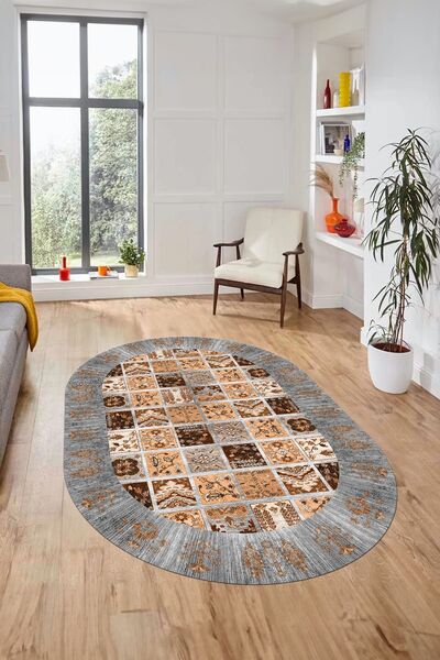 EY HOME Yeni Etnik Desen Kaymaz Taban Yıkanabilir Oval Yolluk Mutfak Salon Ko...