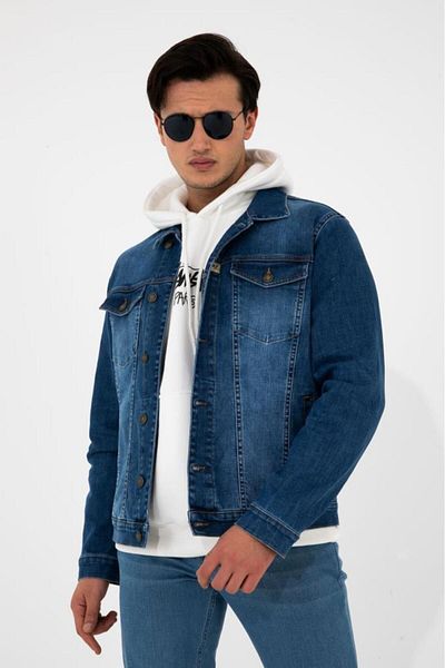 HLT JEANS Ανδρικό μπλε τζιν τζιν κανονική εφαρμογή, ευέλικτο τζιν μπουφάν με κουμπιά από Lycra Hlthe042101
