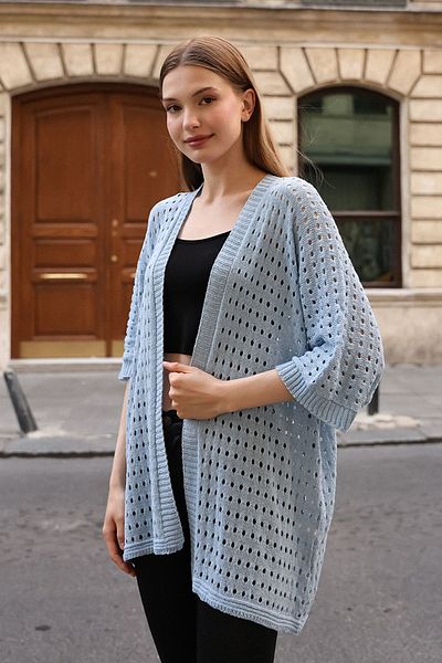 ALCHON Cardigan tricot subțire midi de vară - guler șal U, jumătate de mânecă, gaură ajurata