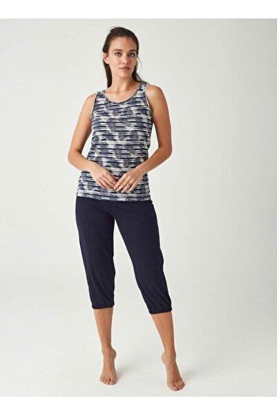 Mod Collection Kadın Lacivert Tropikal Desen Penye Kapri Takım