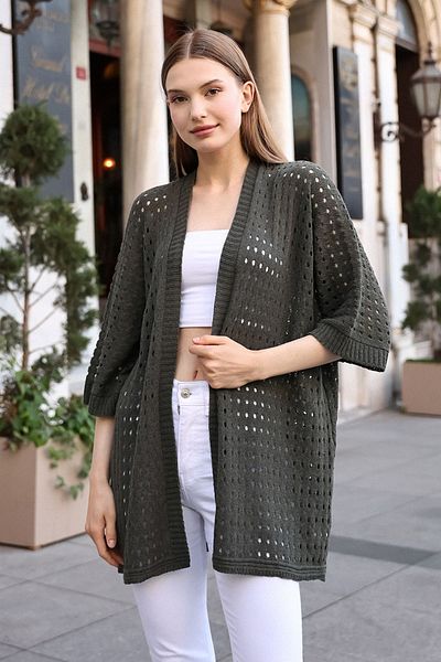 ALCHON Summer Midi Thin Knitwear Cardigan - U Shawl Collar, Half Sleeve, Openwork Hole