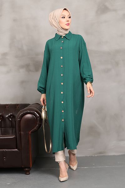MODAQU Green Long Tunic - Elastic Sleeves and Neck Buttons
