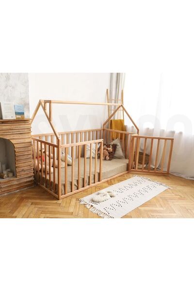 OPPİPO 75 Cm Korkuluklu Ahşap Montessori Karyola - Masif Ahşap Karyola - Opmont05-75